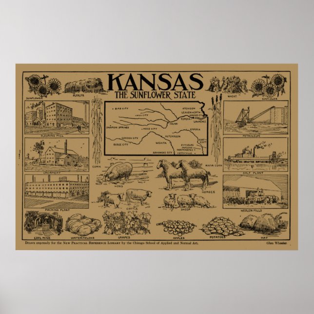 Vintage Illustrative Karte von Kansas (1912) - Tan Poster (Vorne)