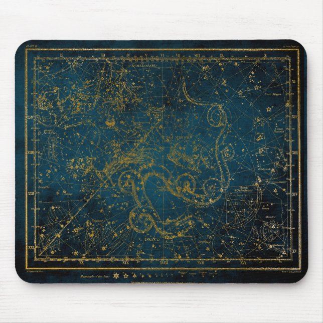 Vintage Illustrierte Dark Blue & Gold Star Karte Mousepad (Vorne)
