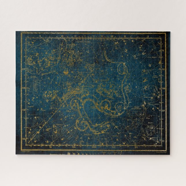 Vintage Illustrierte Dark Blue & Gold Star Karte Puzzle (Horizontal)