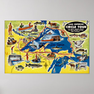 Vintage illustrierte Lake Superior Karte Poster