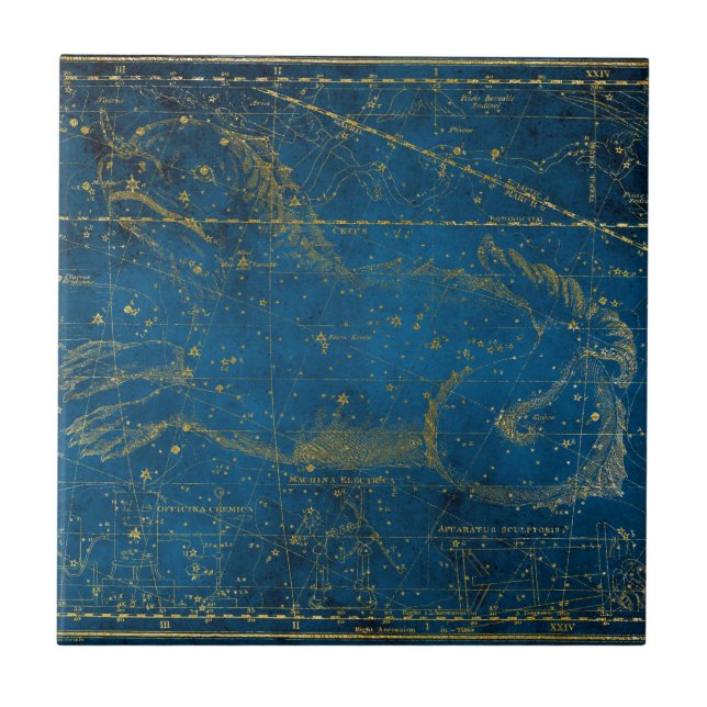 Vintage Illustrierte Mid Blue & Gold Star Karte Fliese (Vorderseite)