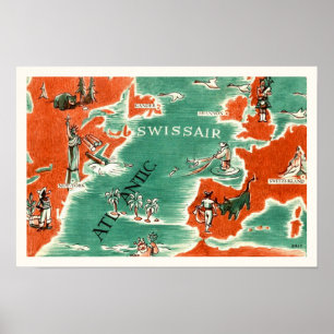 Vintage Illustrierte Swissair Map drucken Poster
