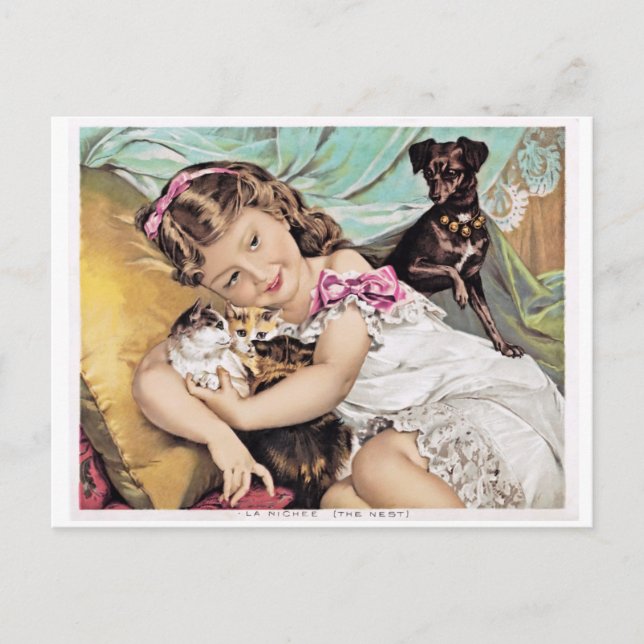 Vintage Image, Little Girl Cuddling Kittens Postkarte (Vorderseite)