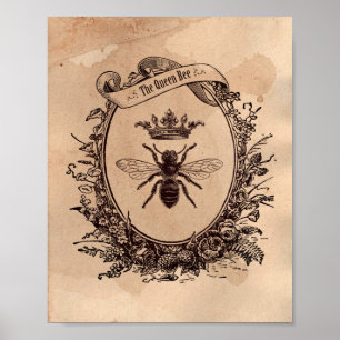 Vintage image Queen Bee Honeybee Tea Stained Paper Poster