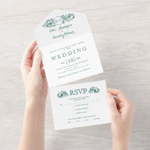 Vintage immergrüne Blütenhochzeit All In One Einladung