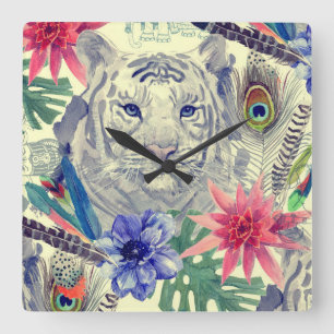 Vintage Indian Style Tiger Pattern Quadratische Wanduhr
