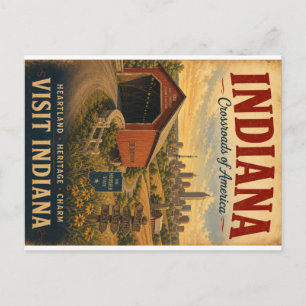 Vintage Indiana Reiseplakat mit überdückter Brücke Feiertagspostkarte