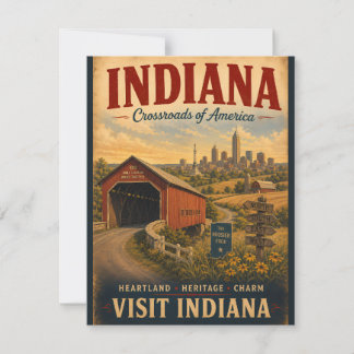 Vintage Indiana Reiseplakat mit überdückter Brücke Mitteilungskarte