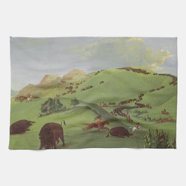 Vintage Indianer, Buffalo Chase von Catlin Geschirrtuch (Horizontal)