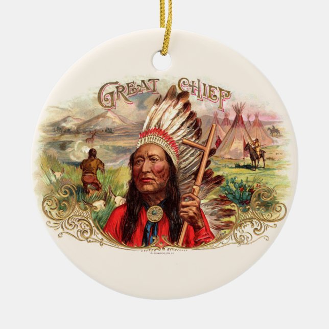 Vintage Indianer-Großer-Zigarrenschachtel Keramik Ornament (Vorne)