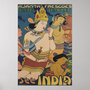 Vintage-Indien-Ajanta-Höhlen-Reiseposter-Tempel Poster