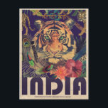 Vintage Indien-Reise Postkarte<br><div class="desc">Dieses Vintage,  farbenprächtige indische Reiseplakat präsentiert sich in einer farbenfrohen,  exotischen Darstellung von Elementen wie einem grünen mit Augen Tiger und Blume über und im Hintergrund.</div>