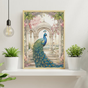 Vintage indischer Stil Blumen Garten Pfau Poster