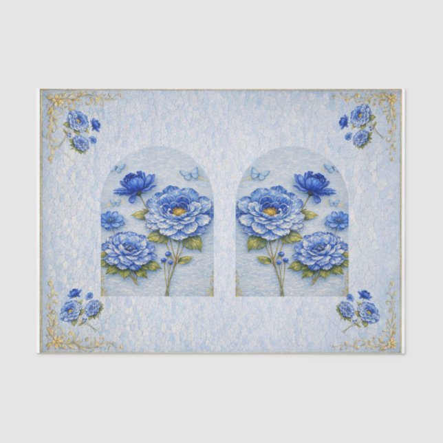 Vintage Inspired Blue & Gold Floral  Decoupage Seidenpapier (Vorderseite)