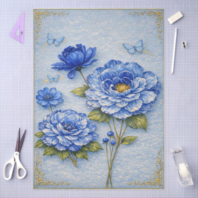 Vintage Inspired Blue & Gold Floral  Decoupage Seidenpapier (Basteln)