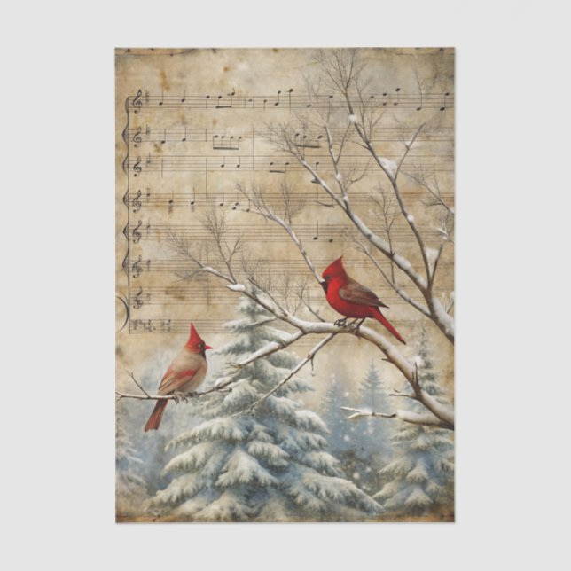 Vintage Inspired Cardinal Birds on Sheet Music  Seidenpapier (Vorderseite)