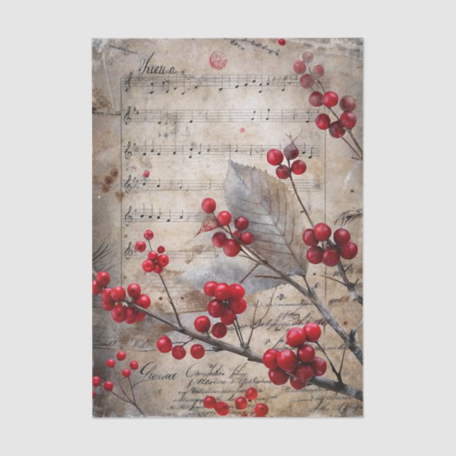 Vintage Inspired Holly Berries on Sheet Music Seidenpapier (Vorderseite)