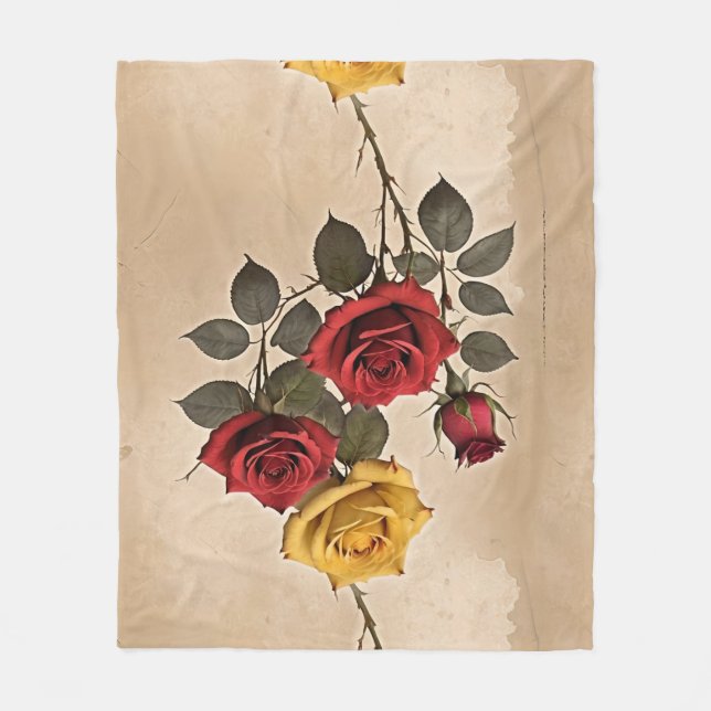 Vintage Inspired Red And Yellow Roses Fleecedecke (Vorderseite)