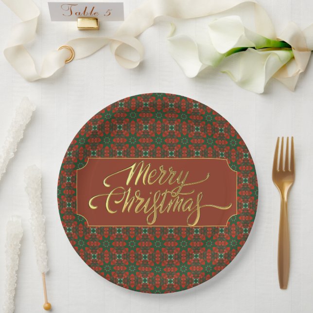 Vintage-Inspired Red & Green Merry Christmas Pappteller (Hochzeit)