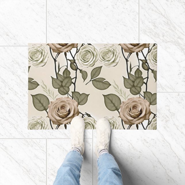Vintage Inspired Sepia Roses With Green Leaves Fußmatte (Indoor)