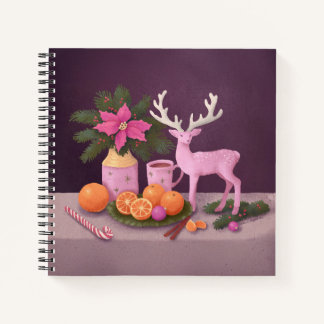 Vintage-inspirierte Feiertags-Stillleben mit rosa Notizbuch
