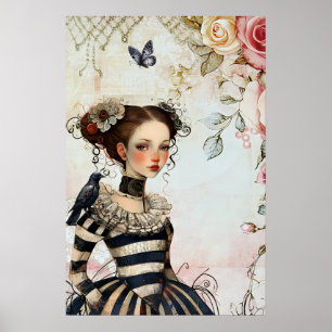 Vintage inspiriertes Goth-Girl-Aquarell Rosen Rabe Poster