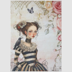 Vintage inspiriertes Goth-Girl-Aquarell-Rosen-Rabe Seidenpapier