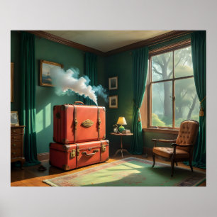 Vintage-Interieur mit Koffern-Zug und Rauch Poster
