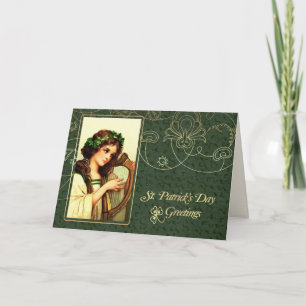 Vintage-Irische Mädchen mit Harfe zum St. Patrick' Karte