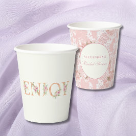 Vintage Ivory Floral Pink Roses Bridal Shower Pappbecher