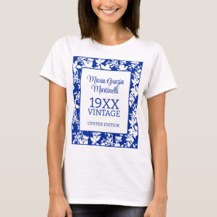 Vintage-Jahr Chic Blau Weiße Florale Geburtstagsfe T-Shirt
