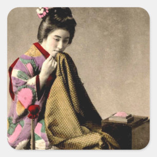 Vintage-Japan-Geisha beim Nähen eines Kimonos Alte Quadratischer Aufkleber