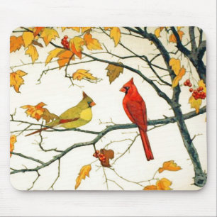 Vintage Japanese drawing, Cardinals on a branch Mousepad