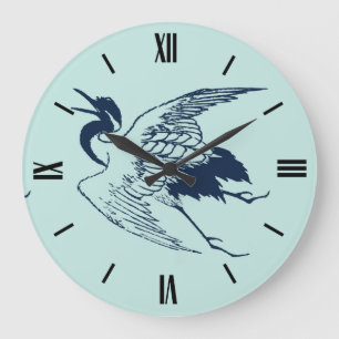 Vintage Japanese Drawing of a Crane, Blue Große Wanduhr