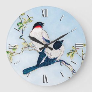 Vintage Japanese Ink Sketch of Finches Große Wanduhr