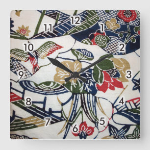 Vintage Japanese Kimono Textile (Bingata) Quadratische Wanduhr