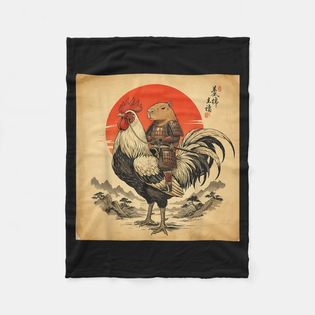 Vintage Japanese Samurai Capybara Rooster Chicken  Fleecedecke (Vorderseite)