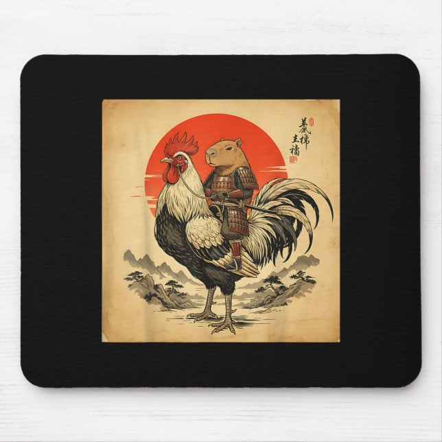Vintage Japanese Samurai Capybara Rooster Chicken  Mousepad (Vorne)