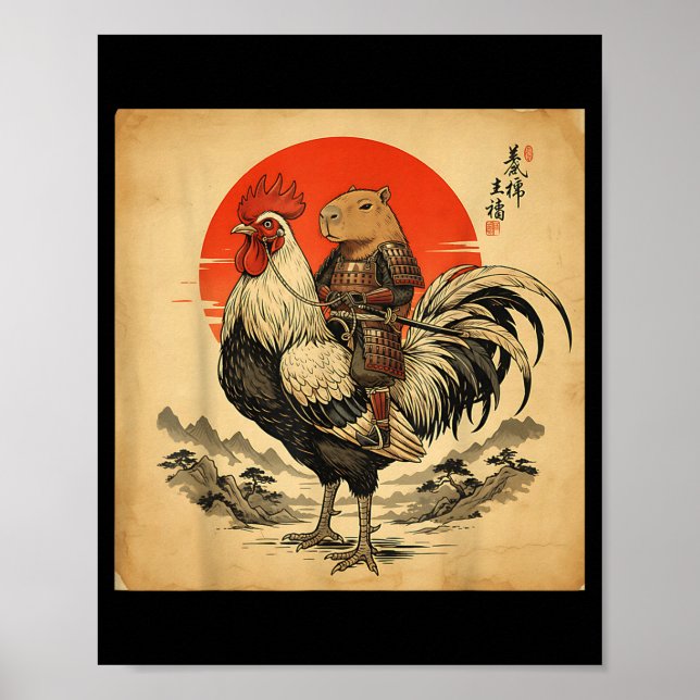 Vintage Japanese Samurai Capybara Rooster Chicken  Poster (Vorne)