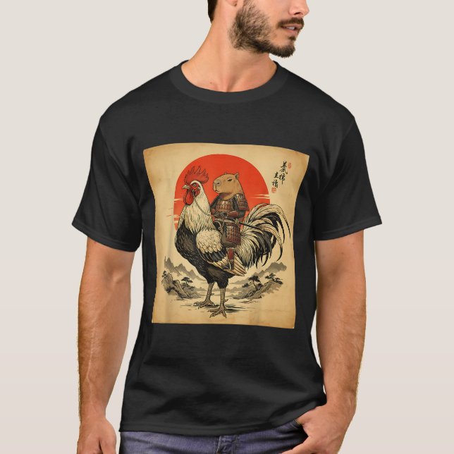 Vintage Japanese Samurai Capybara Rooster Chicken  T-Shirt (Vorderseite)