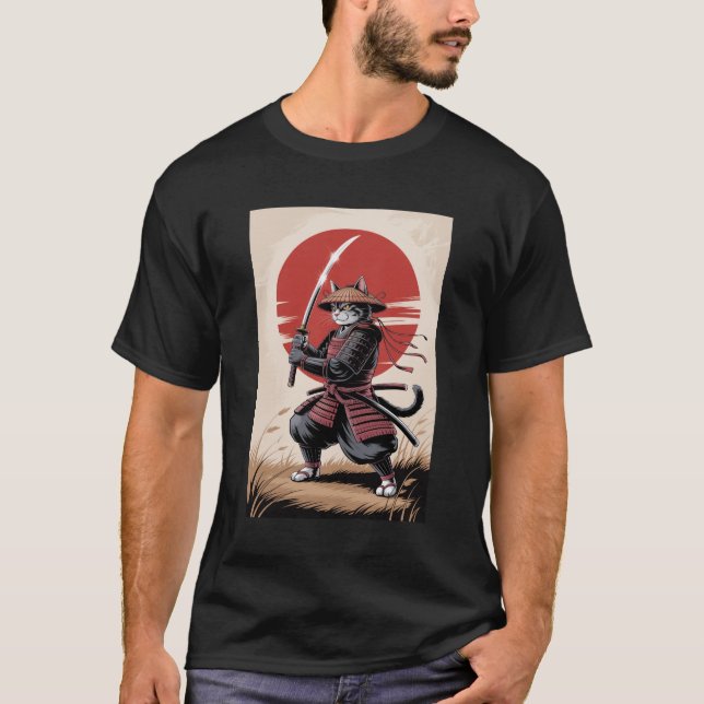 Vintage Japanese Samurai Cat Warrior  T-Shirt (Vorderseite)