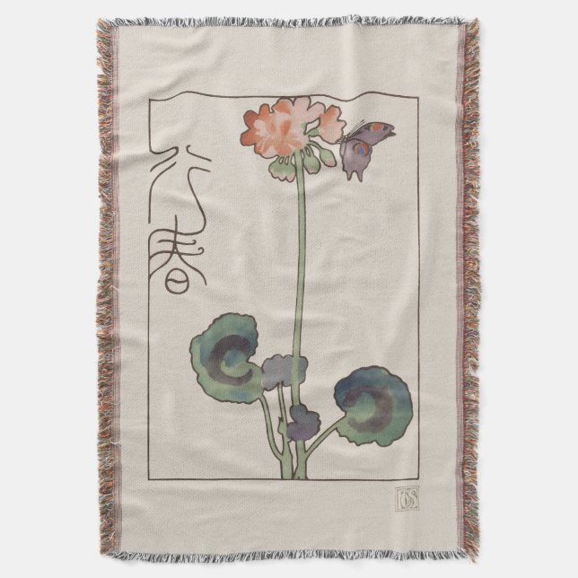 Vintage Japanese Spring Art: Geranium & Butterfly Decke (Vorderseite Vertikal)