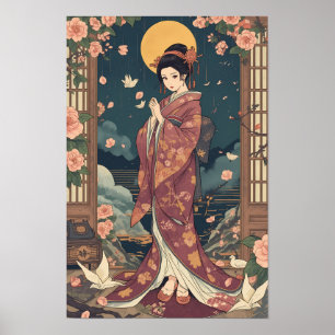Vintage-Japanische-Anime-Kimono-Mädchen-Ästhetik-A Poster