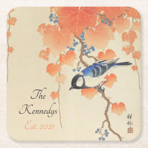 Vintage japanische Aquarelldrucke mit Vogel Rechteckiger Pappuntersetzer