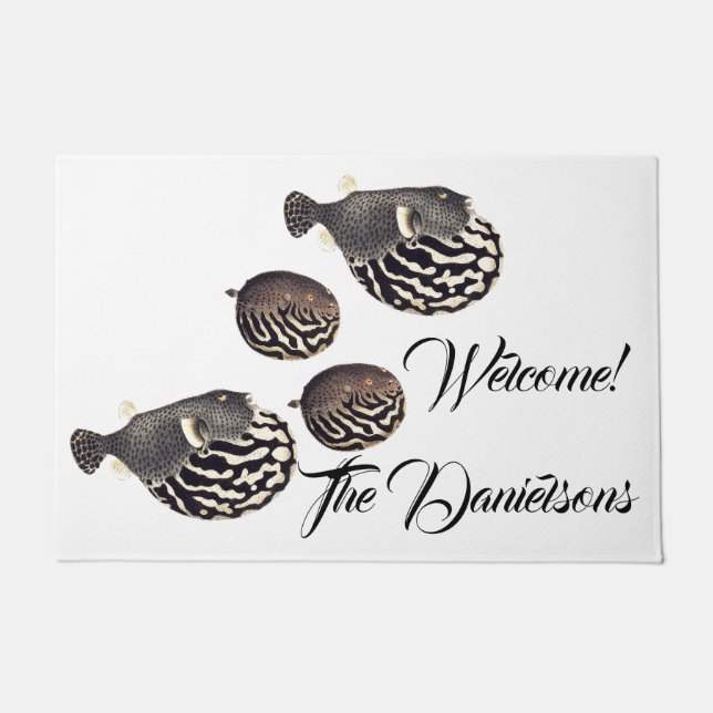 Vintage Japanische Blowfish Fischkunst Willkommen  Fußmatte (Vorderseite)