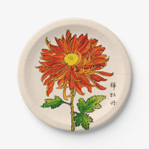 Vintage japanische Chrysantheme. Orange und Gold Pappteller