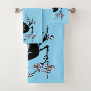 Vintage japanische Crow- und Kirschblüten Badhandtuch Set