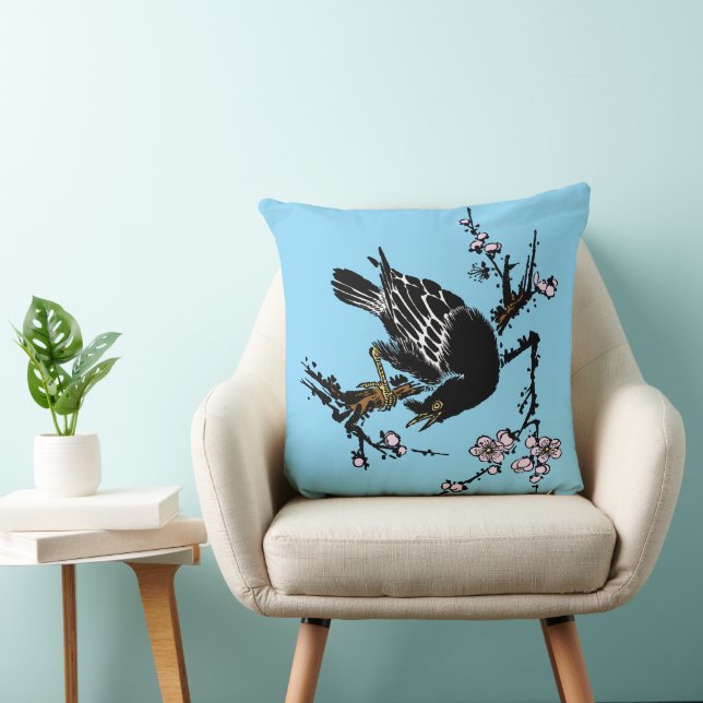 Vintage japanische Crow- und Kirschblüten Kissen (Stuhl )
