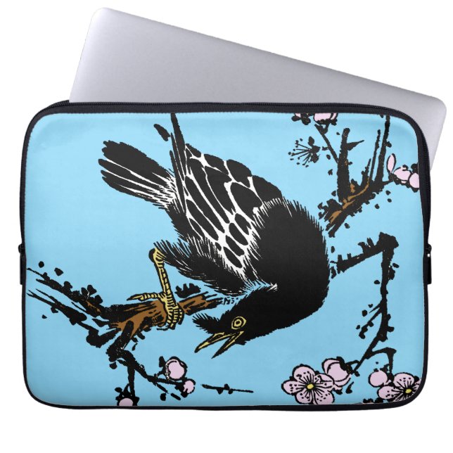 Vintage japanische Crow- und Kirschblüten Laptopschutzhülle (Vorderseite)