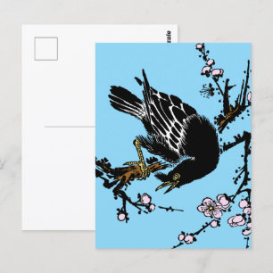 Vintage japanische Crow- und Kirschblüten Postkarte